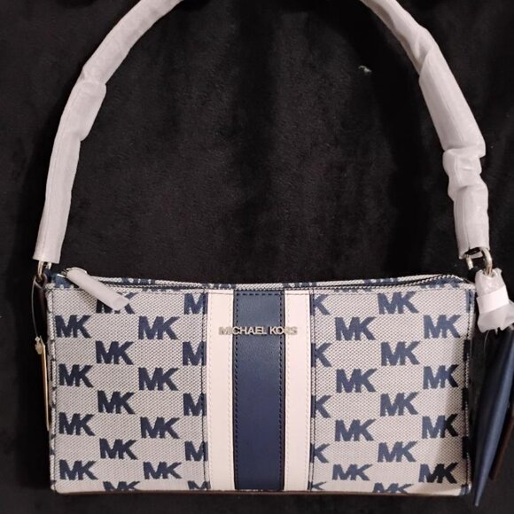 NWT Michael Kors Jacquard & Leather Navy Blue Vincent Pouchette Bag - Picture 1 of 9